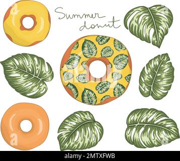 Vector illustration of donut with yellow icing with green monstera leaves. Original summer menu design. Tropical dessert concept. Exotic doughnut Stock Vector