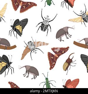 Vector seamless pattern of tropical insects. Repeat background of hand drawn colored atlas moth, weevil, butterfly, goliath, Hercules beetle, Spanish Stock Vector