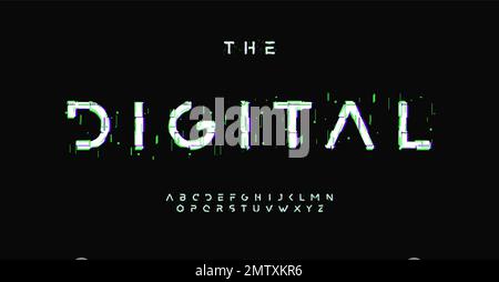 Futuristic alphabet with digital distorted effect, glitch error effect font for cinematic headline, high technology logo, game design. Vector Stock Vector