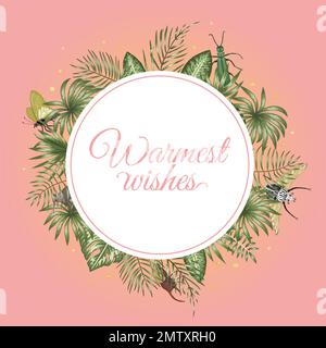 Vector frame template with tropical leaves,  insects and golden chain with white place for text on pink background. Square layout card with place for Stock Vector