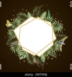 Vector frame template with tropical leaves,  insects and golden chain with white place for text on black background. Square layout card with place for Stock Vector