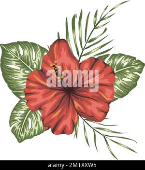 Vector tropical composition of red hibiscus,  monstera and palm leaves isolated on white background. Bright realistic watercolor style exotic design e Stock Vector