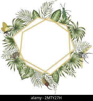 Vector frame template with tropical leaves,  insects and golden chain with white place for text. Square layout card with place for text. Spring or sum Stock Vector