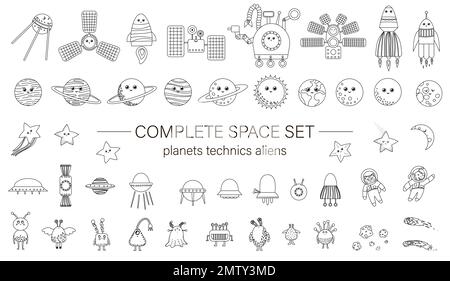 Big vector set of space elements for children. Line drawing collection of spaceship, satellite, spacecraft, planets, astronauts, star, ufo, meteor, co Stock Vector