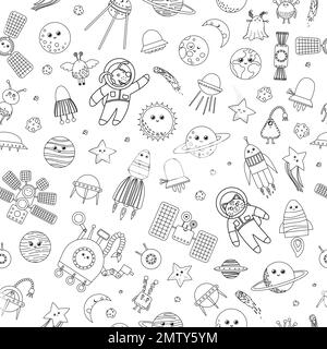 Vector seamless pattern of space objects. Black and white repeat background with planet, star, spaceship, satellite, moon, sun, asteroid, astronaut, a Stock Vector