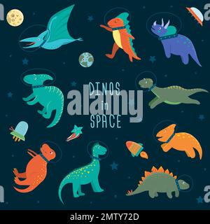 Vector set of cute dinosaurs in outer space. Funny flat cosmic dino characters background. Cute prehistoric reptiles illustration Stock Vector