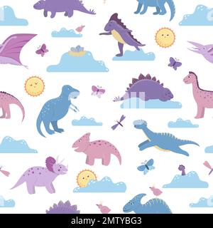 Vector seamless pattern with cute dinosaurs on day sky with clouds, sun, butterflies, birds for children. Dino flat cartoon characters background. Cut Stock Vector