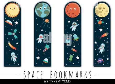 Vector set of bookmarks for children with outer space theme. Cute smiling planets, astronaut, spaceship, rocket, alien on dark blue background. Vertic Stock Vector