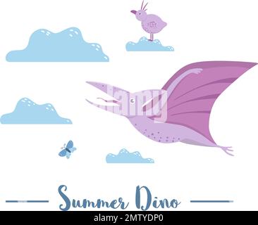 Illustration of dino flying among the clouds with bird and dragonfly. Summer scene with cute dinosaur. Funny prehistoric reptiles print for children Stock Vector