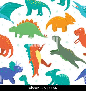 Vector seamless pattern with cute dinosaurs on white background. Funny flat dino characters background. Cute prehistoric reptiles illustration Stock Vector