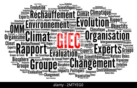 IPCC Intergovernmental panel on climate change word cloud called GIEC in French language Stock Photo