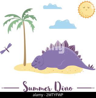 Illustration with dino sunbathing or sleeping under the palm tree. Summer scene with cute dinosaur. Funny prehistoric reptiles print for children Stock Vector