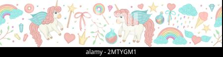 Vector seamless border brush with cute watercolor style unicorns, rainbow, clouds, donuts, crown, crystals, hearts. Sweet girlish illustration. Fairyt Stock Vector