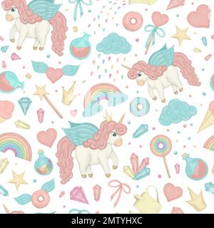Vector seamless pattern with cute watercolor style unicorns, rainbow, clouds, donuts, crown, crystals, hearts. Sweet girlish illustration. Fairytale r Stock Vector