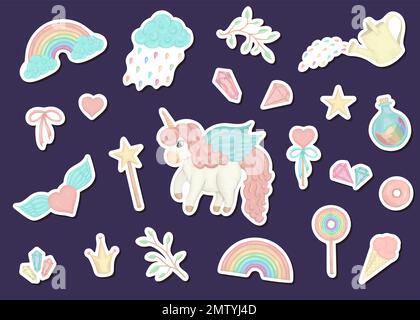 Vector set of cute watercolor style stickers with unicorns, rainbow, clouds, donuts, crown, crystals, hearts. Sweet girlish illustration. Fairytale re Stock Vector