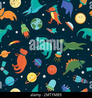 Vector seamless pattern with cute dinosaurs in outer space. Funny flat cosmic dino characters background. Cute prehistoric reptiles illustration Stock Vector