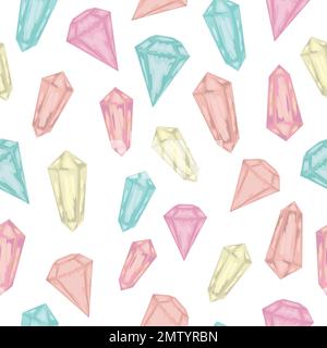 Vector seamless pattern with magic colored crystals on white background. Cute magical love watercolor style repeat background. Gem stones illustration Stock Vector