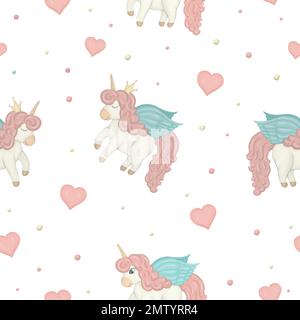 Vector seamless pattern with cute watercolor style unicorns, colored circles and hearts. Sweet girlish illustration. Fairytale repeat background. Good Stock Vector
