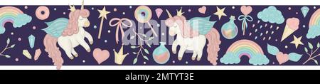 Vector seamless border brush with cute watercolor style unicorns, rainbow, clouds, donuts, crown, crystals, hearts on dark purple background. Sweet gi Stock Vector