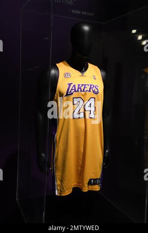 A game-worn and signed Kobe Bryant Los Angeles Lakers Jersey from his MVP season, estimated at $5-7 million, is previewed before auction at Sotheby's in New York, NY, on February 1, 2023. Sotheby's Zenith auctions feature game-worn sports artifacts, with Zenith Part 1 opening for bidding from February 2-9. (Photo by Efren Landaos/Sipa USA) Stock Photo