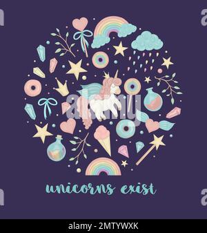 Vector set of cute watercolor style sleeping unicorn, rainbow, clouds, donuts, crown, crystals, hearts on dark purple background. Sweet girlish illust Stock Vector
