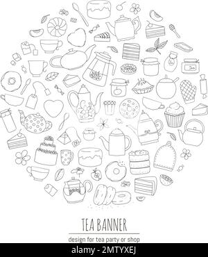 Vector illustration of black and white teapots, pies, sweets, cakes framed in circle. Line art tea set. Tea themed concept. Frame with kettles and kit Stock Vector