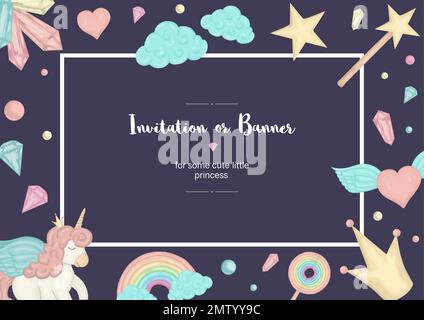 Vector horizontal frame with colored unicorns. Card template for children event. Girlish cute invitation or banner design Stock Vector