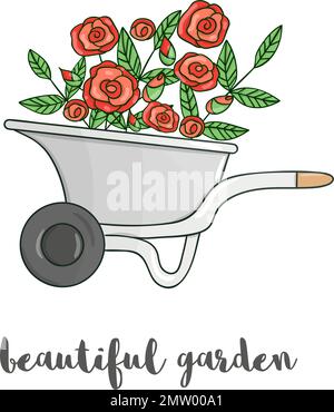 Vector illustration of colorful garden wheel barrow with flowers. Cartoon style spring or summer picture isolated on white background. Gardening theme Stock Vector