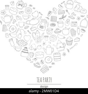 Vector illustration of black and white teapots, pies, sweets, cakes framed in heart shape. Line art tea set. Tea themed concept. Frame with kettles an Stock Vector