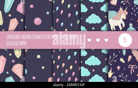 Vector set of seamless patterns with magic colored crystals, raindrops, clouds, unicorns, rainbow isolated on white background. Cute magical watercolo Stock Vector