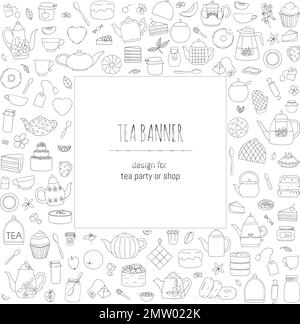 Vector illustration of black and white teapots, pies, sweets, cakes. Line art tea set. Tea themed concept. Frame with kettles and kitchen equipment Stock Vector