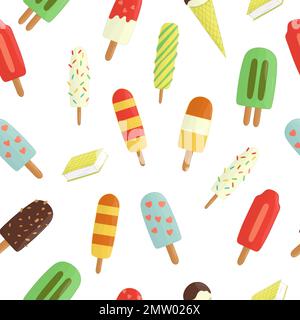 Vector seamless pattern of colorful ice-cream. Sweet summer dessert texture. Repeating background of ice isolated on white background. Stock Vector