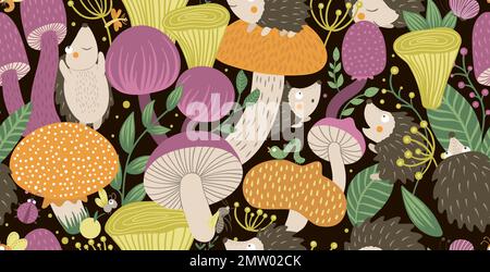 Vector seamless pattern of flat funny mushrooms with hedgehogs, berries, and insects. Autumn repeating background for children’s design. Cute fungi il Stock Vector