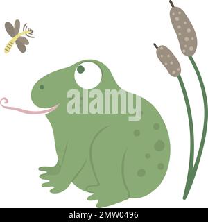 Vector cartoon style flat funny frog with reeds and mosquito isolated on white background. Cute illustration of woodland swamp animal. Sitting amphibi Stock Vector