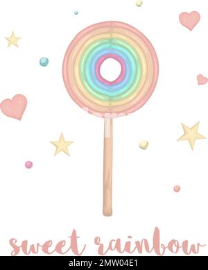 Cute vector illustration of watercolor style rainbow lollypop with hearts and stars isolated on white background. Unicorn themed picture for print, ba Stock Vector