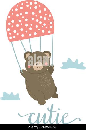 Vector cartoon style hand drawn flat bear flying on mushroom like parachute among the clouds. Funny scene with Teddy. Cute illustration of woodland an Stock Vector