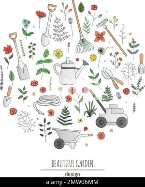 Vector set of colorful garden tools, flowers, herbs, plants. Collection of spade, shovel, rakes, wheel barrow, watering can, shears, lawn mower, hose, Stock Vector