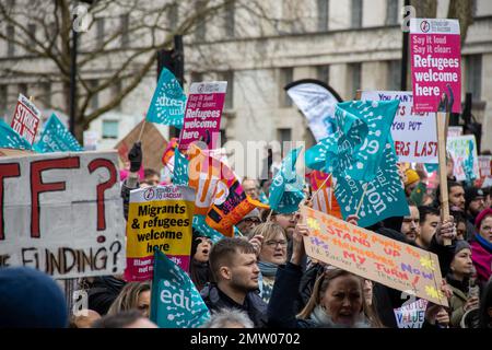 London, UK - 1 Feb, 2023. Protesters in Whitehall after marching from BBC in Protect The Right To Strike and Pay Up march. Thousands of teachers, workers and civil servants walk out in Day of Action. Credit: Sinai Noor/Alamy Live News (EDITORIAL USAGE ONLY!)
