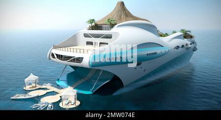 'Tropical Island Paradise' is the second proposal, following the 'Streets of Monaco' proposal for Yacht Island Designs. For this design the these centers around a secluded island paradise with elements inspired by the island of the Caribbean, Indian Ocean and Polynesia. This yacht has an overall length of 90m, a bam of 33m, a draft of 8m and is designed to accommodate 10 guests. A diesel electrical power plant propels the vessel to a maximum speed of 15 knots. The exterior was designed to give the impression of waves breaking around a volcanic island, while maintaining the look of a contempora Stock Photo