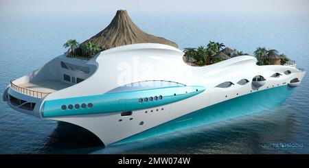 'Tropical Island Paradise' is the second proposal, following the 'Streets of Monaco' proposal for Yacht Island Designs. For this design the these centers around a secluded island paradise with elements inspired by the island of the Caribbean, Indian Ocean and Polynesia. This yacht has an overall length of 90m, a bam of 33m, a draft of 8m and is designed to accommodate 10 guests. A diesel electrical power plant propels the vessel to a maximum speed of 15 knots. The exterior was designed to give the impression of waves breaking around a volcanic island, while maintaining the look of a contempora Stock Photo