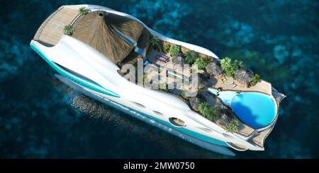 'Tropical Island Paradise' is the second proposal, following the 'Streets of Monaco' proposal for Yacht Island Designs. For this design the these centers around a secluded island paradise with elements inspired by the island of the Caribbean, Indian Ocean and Polynesia. This yacht has an overall length of 90m, a bam of 33m, a draft of 8m and is designed to accommodate 10 guests. A diesel electrical power plant propels the vessel to a maximum speed of 15 knots. The exterior was designed to give the impression of waves breaking around a volcanic island, while maintaining the look of a contempora Stock Photo