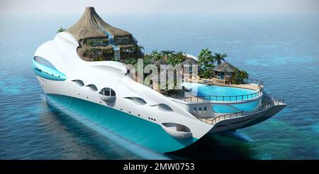 'Tropical Island Paradise' is the second proposal, following the 'Streets of Monaco' proposal for Yacht Island Designs. For this design the these centers around a secluded island paradise with elements inspired by the island of the Caribbean, Indian Ocean and Polynesia. This yacht has an overall length of 90m, a bam of 33m, a draft of 8m and is designed to accommodate 10 guests. A diesel electrical power plant propels the vessel to a maximum speed of 15 knots. The exterior was designed to give the impression of waves breaking around a volcanic island, while maintaining the look of a contempora Stock Photo