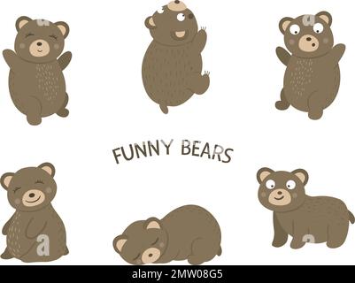 Vector set of cartoon style flat funny bears in different poses. Cute illustration of woodland animals for children’s design. Stock Vector