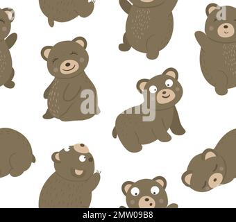 Vector seamless pattern of hand drawn flat funny bears in different poses. Cute repeat background with woodland animals. Cute animalistic ornament for Stock Vector