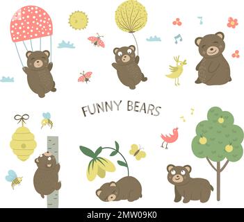 Vector set of cartoon style hand drawn flat bears in different poses. Collection of funny scenes with Teddy. Cute illustration of woodland animals for Stock Vector