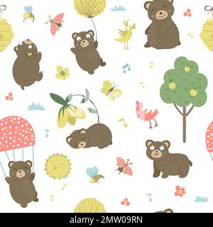 Vector seamless pattern of cartoon style hand drawn flat bears in different poses. Repeat background of funny scenes with Teddy. Cute illustration of Stock Vector