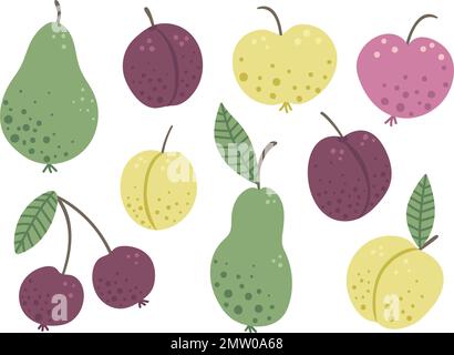 Vector set of funny hand drawn flat garden fruits and berries. Colored apple, pear, plum, peach, cherry isolated on white background. Harvest themed p Stock Vector