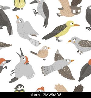 Vector seamless pattern of hand drawn flat funny woodland birds. Cute repeat background with Owl, Cuckoo, Raven, Woodpecker, Wren, Oriole. Cute ornith Stock Vector