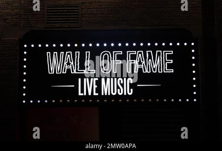 Sign on window of Wall of Fame music bar on Mathew Street in Liverpool Stock Photo