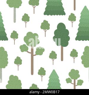 Vector seamless pattern of hand drawn flat trees isolated on white background. Repeat background of forest plants for children’s design. Stock Vector